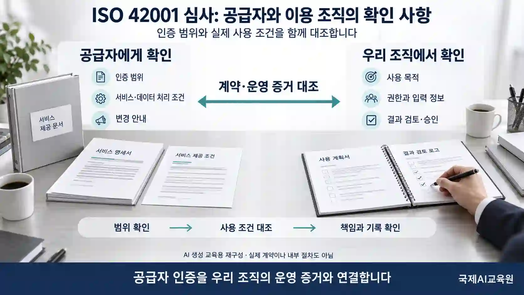 ISO 42001 공급자 인증 범위·서비스 조건과 이용 조직의 사용 목적·권한·결과 검토를 대조하는 비교도
