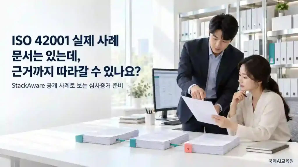 ISO 42001 심사 준비를 위해 화면의 운영 기록과 인쇄 자료를 대조하는 두 전문가