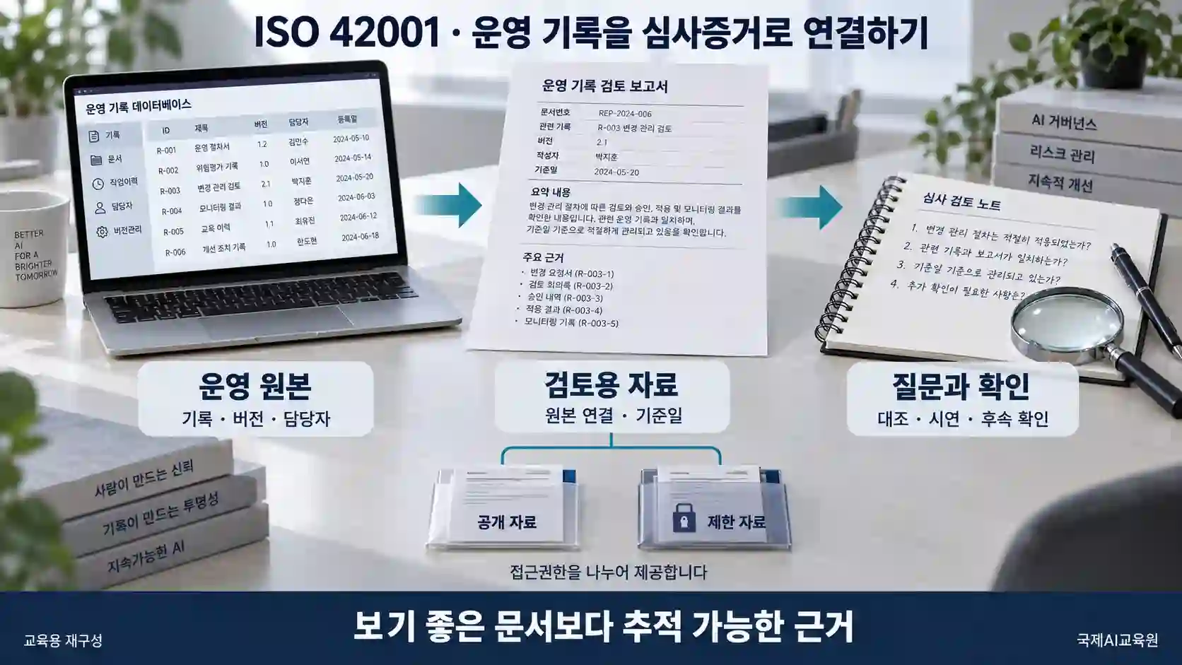 ISO 42001 운영 원본·검토 자료·심사 확인의 연결 ISO 42001 운영 원본에서 검토용 자료와 질문·확인으로 이어지고 공개 자료와 제한 자료의 접근권한을 나누는 흐름도