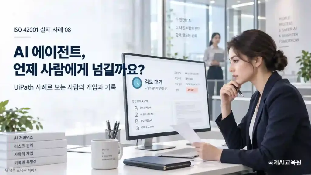 ISO 42001 AI 에이전트의 검토 대기 화면과 관련 문서를 대조하며 판단하는 담당자