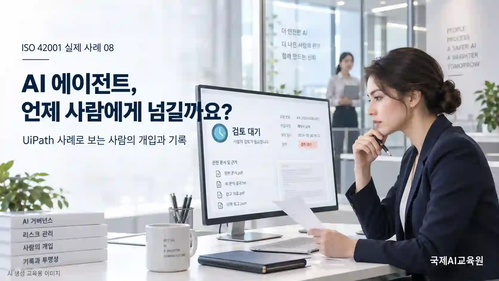 ISO 42001 AI 에이전트의 검토 대기 화면과 관련 문서를 대조하며 판단하는 담당자