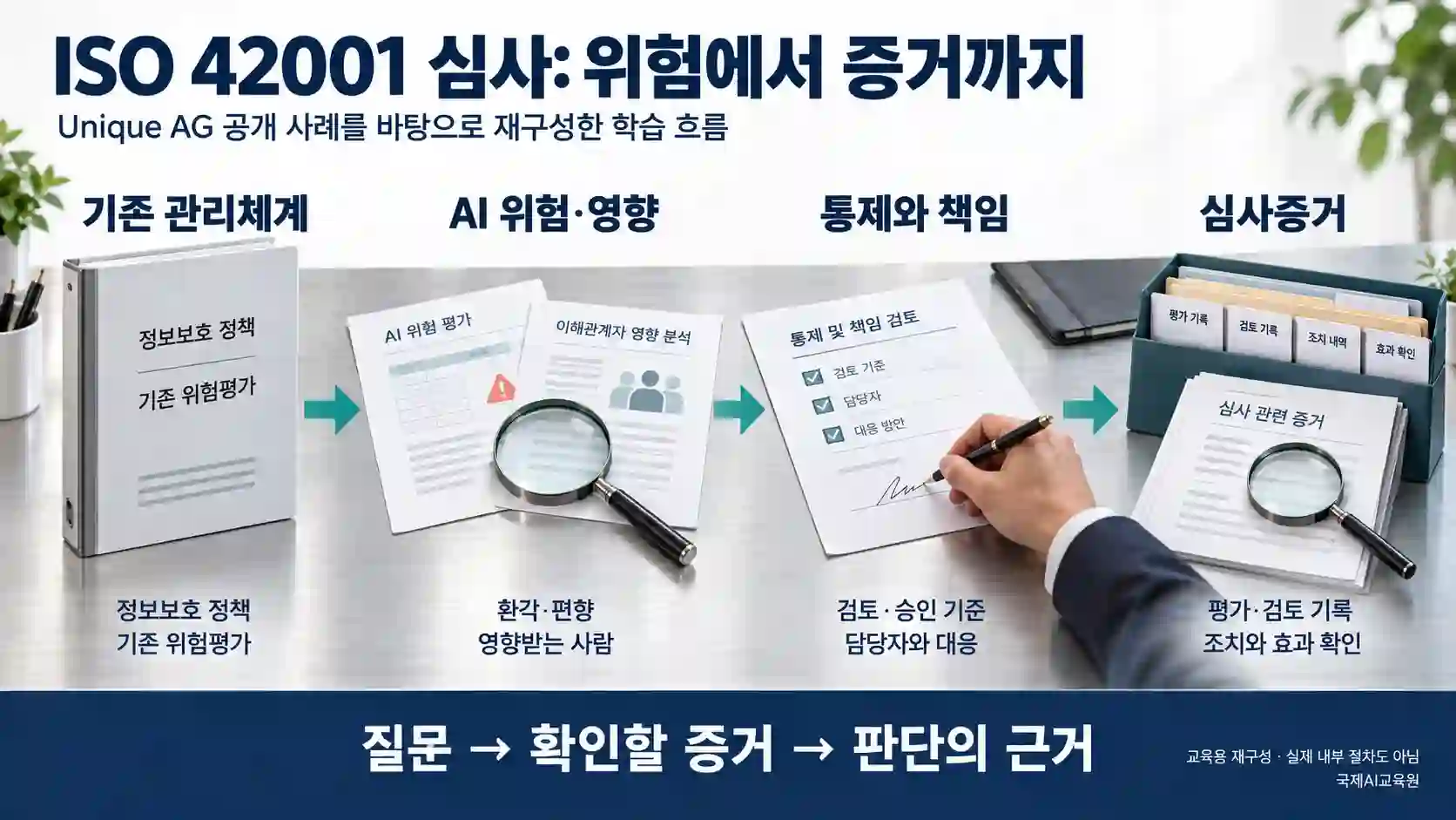 기존 관리체계에서 AI 위험·영향, 통제와 책임, 심사증거로 이어지는 ISO 42001 학습 흐름도