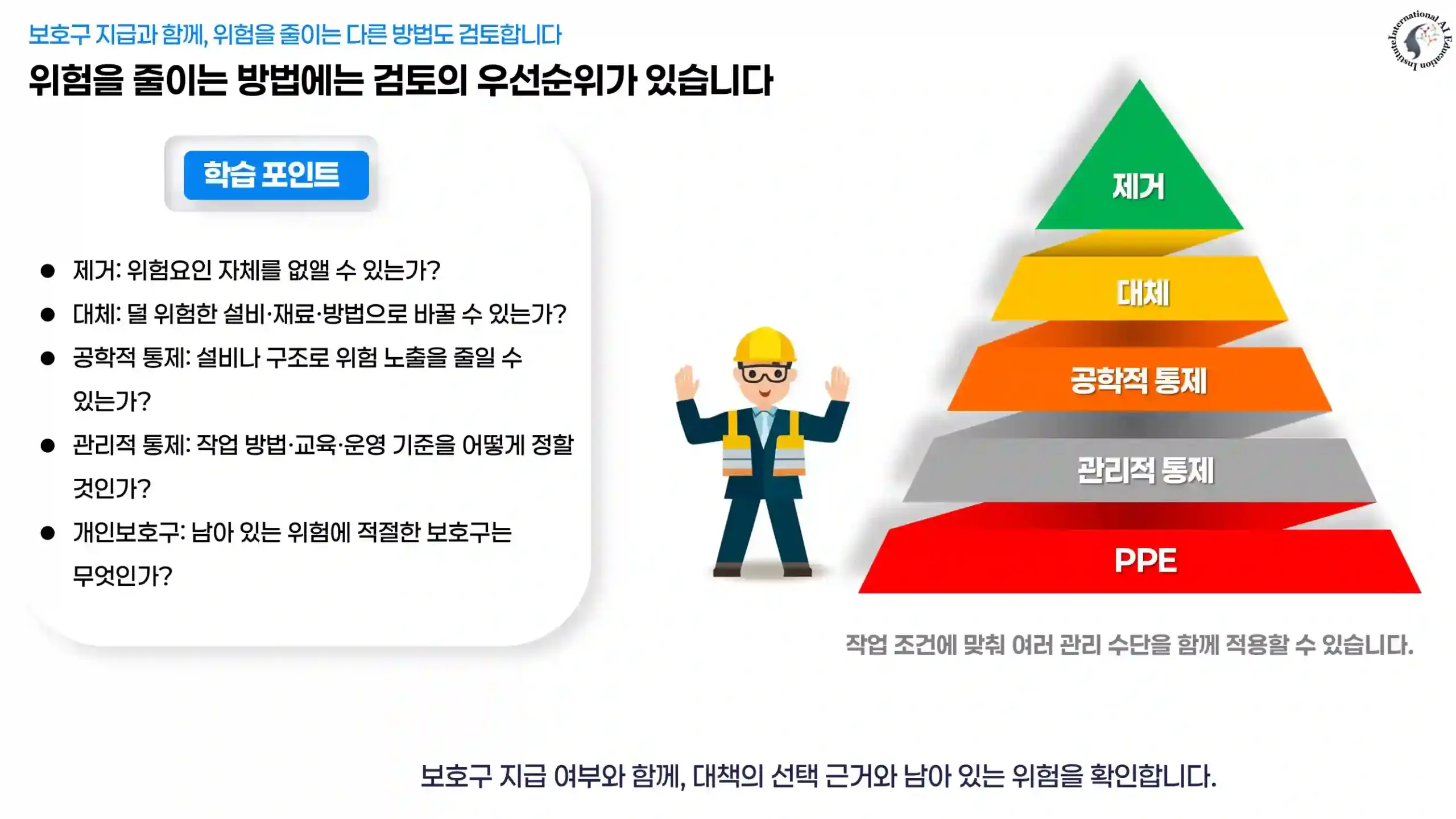제거, 대체, 공학적 통제, 관리적 통제, 개인보호구 순으로 위험 감소 방법을 검토하는 계층 도식