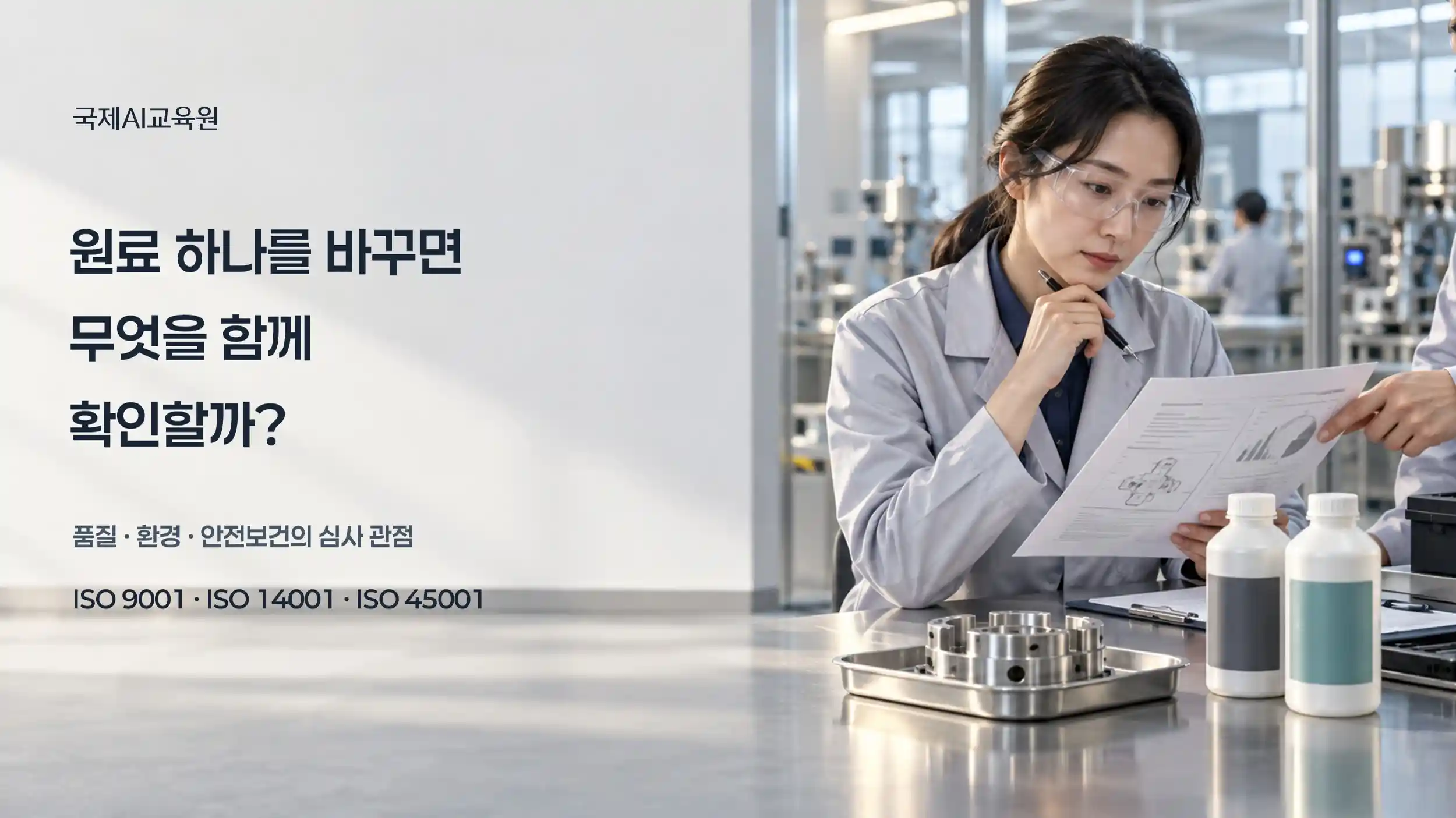 원료 변경에 따른 품질·환경·안전보건 검토를 주제로 전문가가 세척제와 금속 부품 앞에서 자료를 확인하는 교육용 이미지