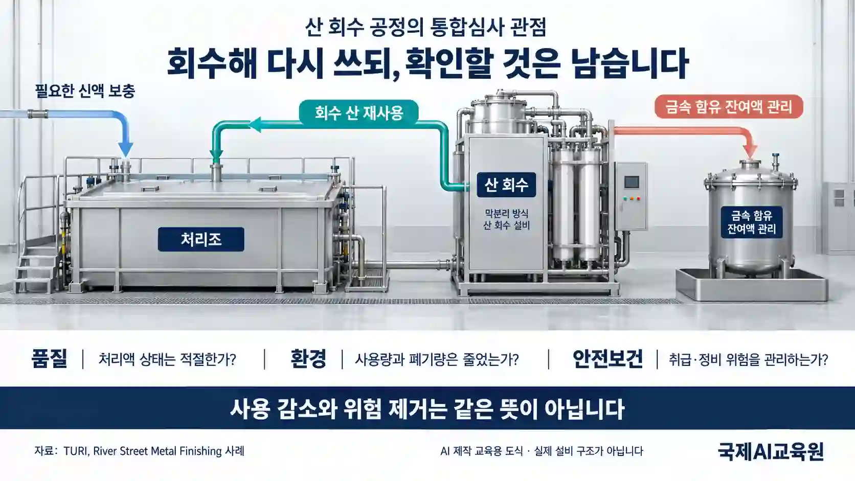 처리조의 산 재사용과 신액 보충, 금속 함유 잔여액 관리를 구분한 교육용 도식