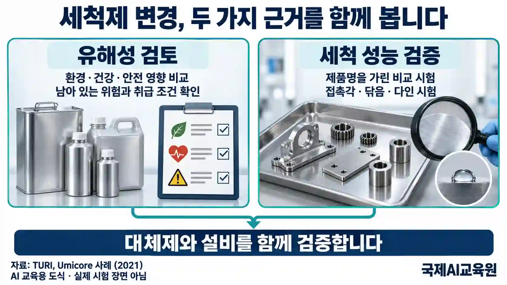 환경 건강 안전 영향 검토와 제품명을 가린 세척 성능 시험을 함께 설명하는 도식