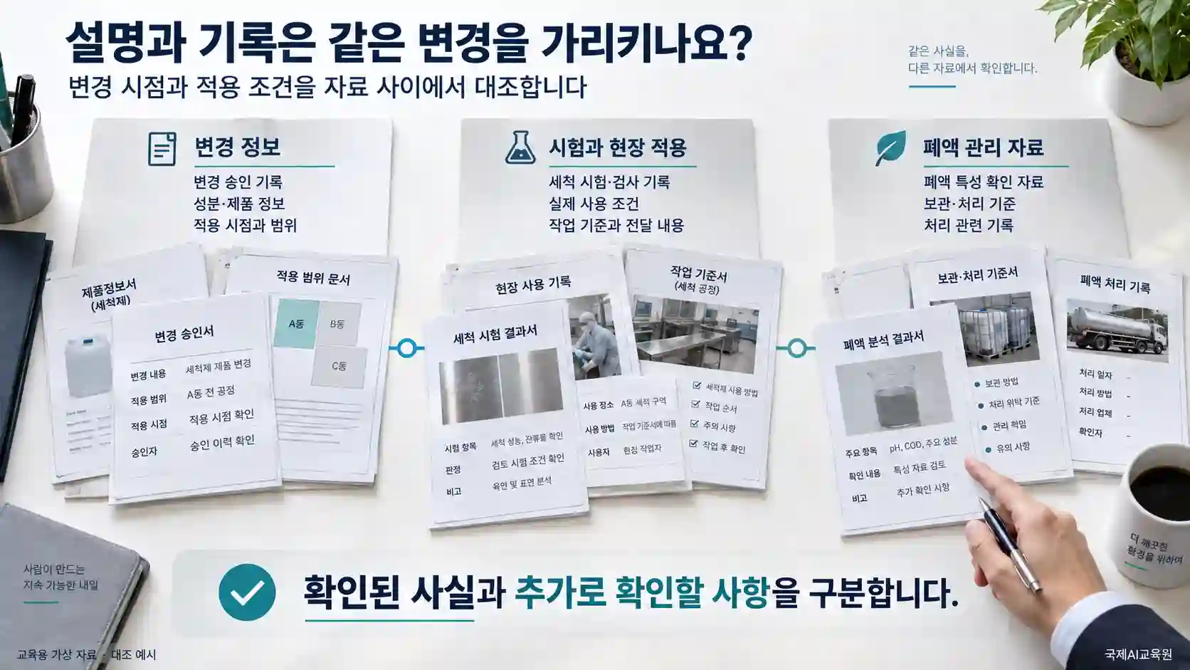 세척제 변경 정보, 품질시험과 실제 사용 조건, 폐액 관리 자료를 함께 대조하는 교육용 증거 검토 이미지