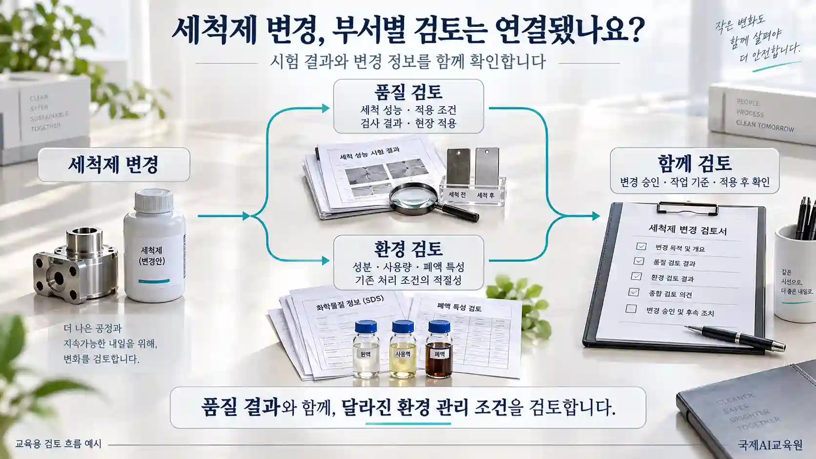 세척제 변경을 품질 성능과 환경 관리의 두 관점으로 나누고 검토 결과를 연결하는 학습용 흐름