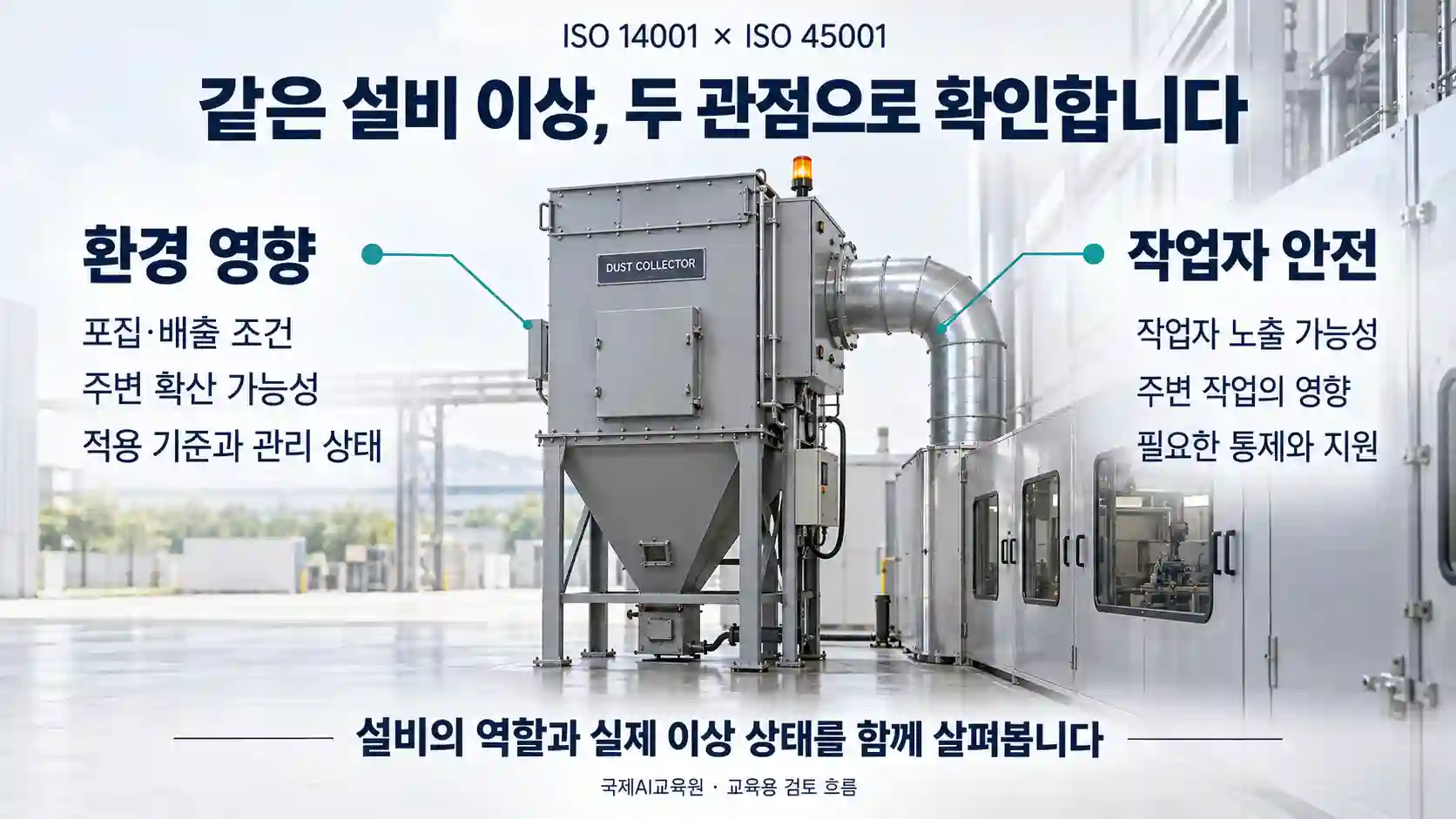 집진설비를 중심으로 환경 영향과 작업자 안전의 확인 항목을 연결한 교육용 도식