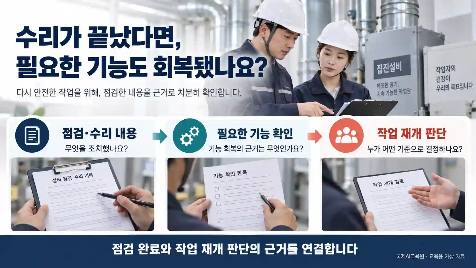 집진설비의 점검·수리 내용, 필요한 기능 확인, 작업 재개 판단의 근거를 연결하는 교육용 흐름