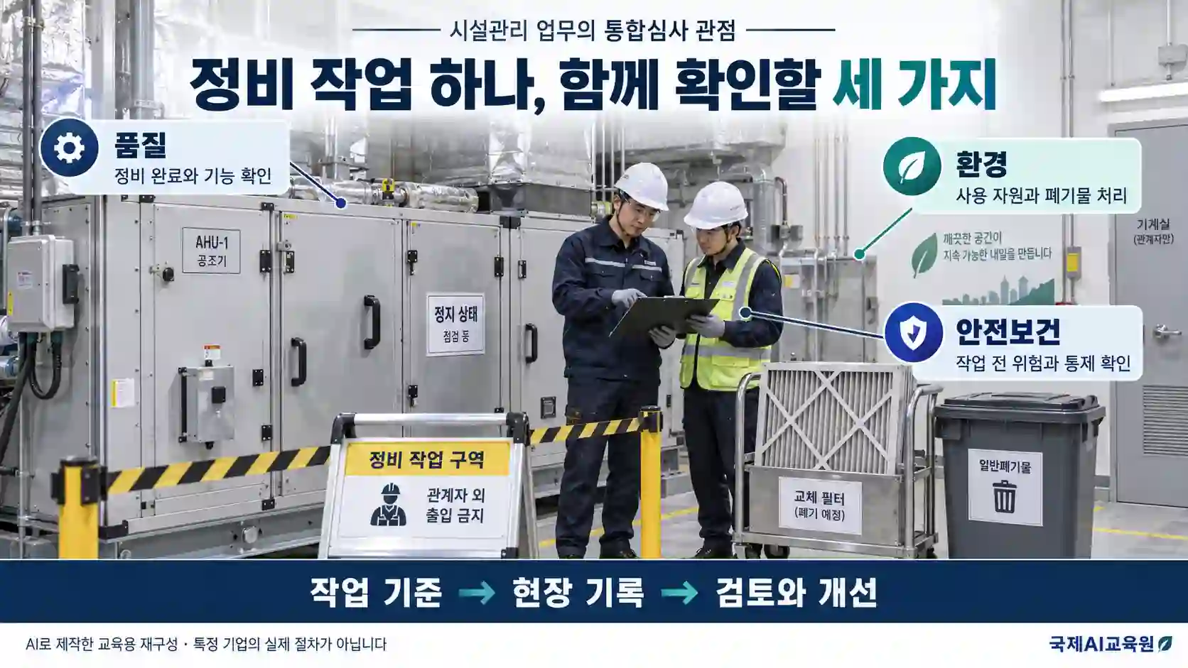 공조기 정비에서 기능 확인, 자원과 폐기물 처리, 작업 위험 통제를 연결한 교육용 도식