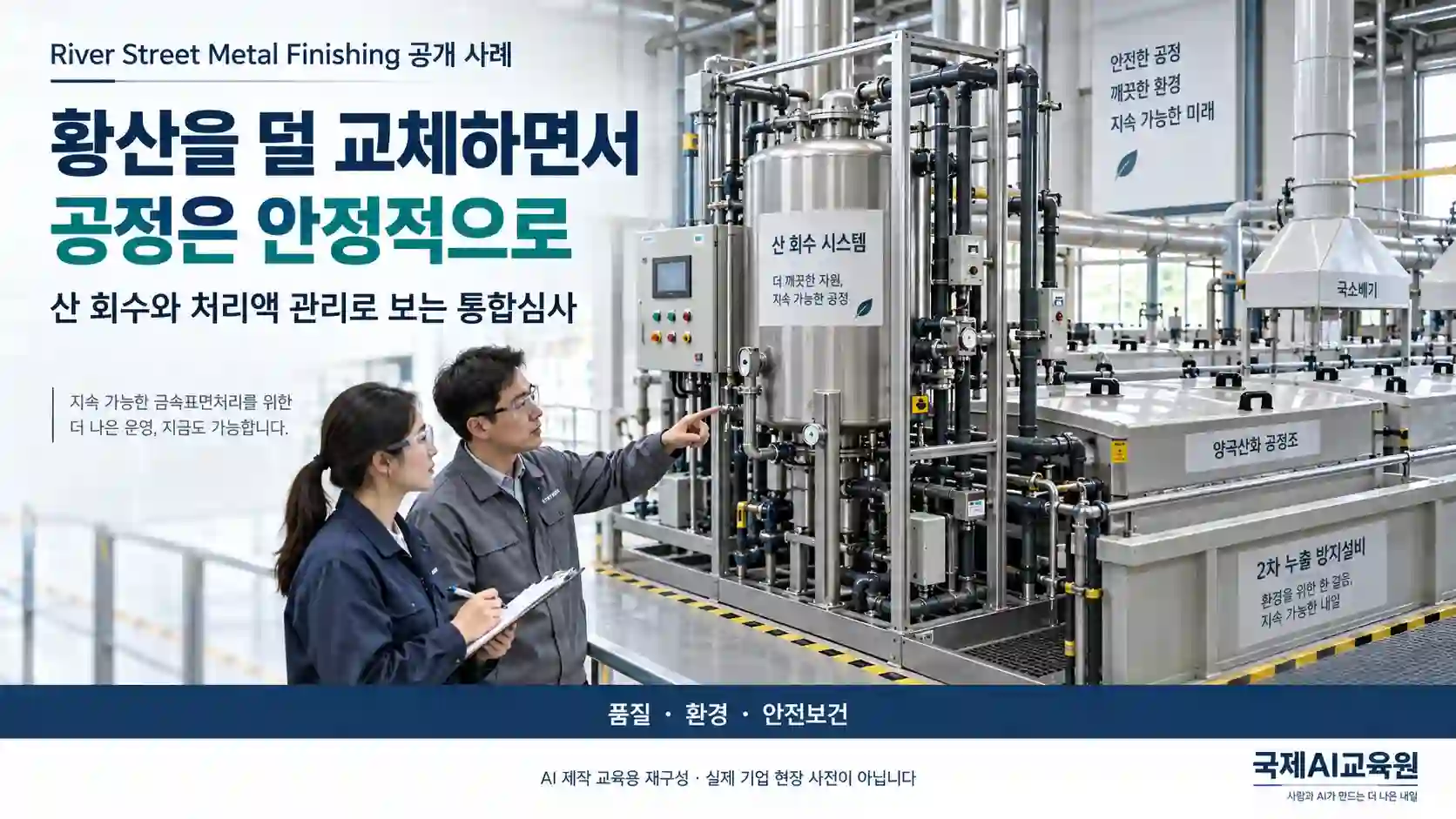 산 회수 장치와 처리조의 운영 자료를 검토하는 담당자들의 교육용 장면