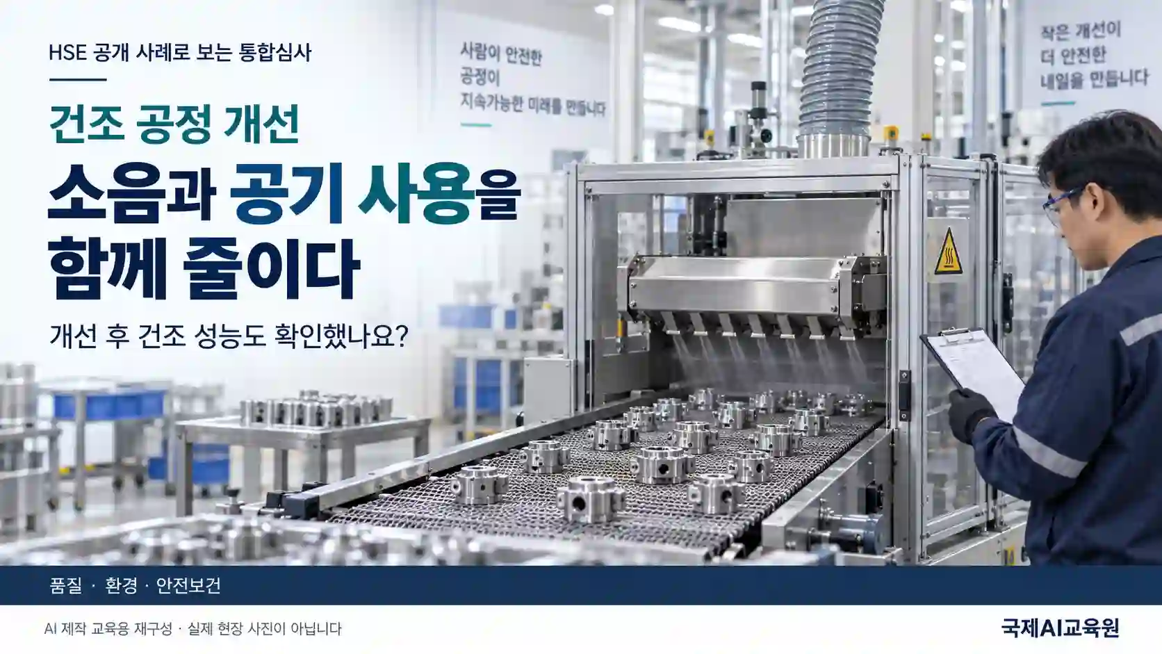 세척 후 금속 부품의 압축공기 건조 공정을 검토하는 작업자의 교육용 장면