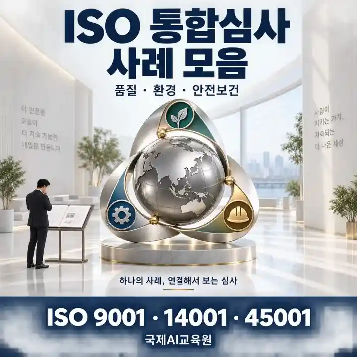 품질·환경·안전보건을 상징하는 세 구조물이 지구본을 감싸고 전문가가 자료를 검토하는 ISO 통합심사 사례 모음 표지