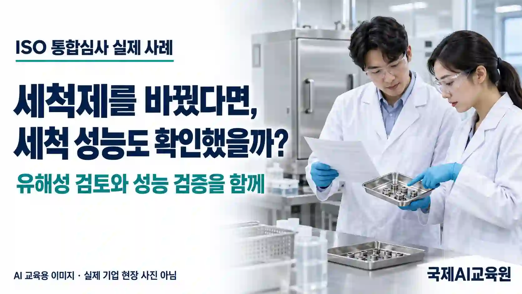 세척제 변경 후 부품과 시험 자료를 검토하는 전문가를 표현한 AI 교육용 이미지