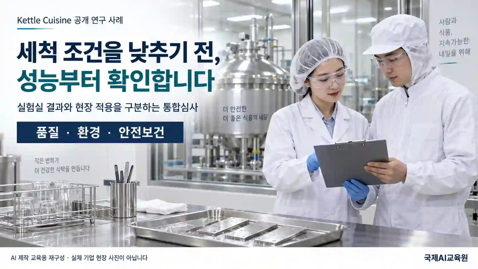 식품 제조 세척 시험 결과를 검토하는 연구자와 생산 담당자의 교육용 장면