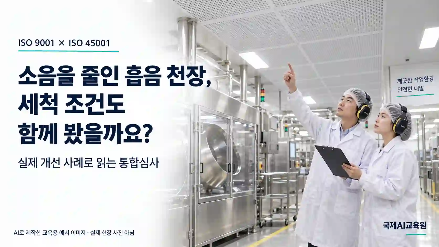 흡음 천장과 세척 조건을 검토하는 전문가를 표현한 AI 교육용 이미지