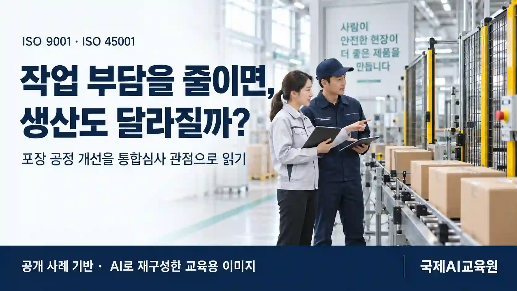 자동 포장설비 앞에서 작업 부담과 공정 운영을 검토하는 전문가와 작업자를 표현한 AI 교육용 이미지