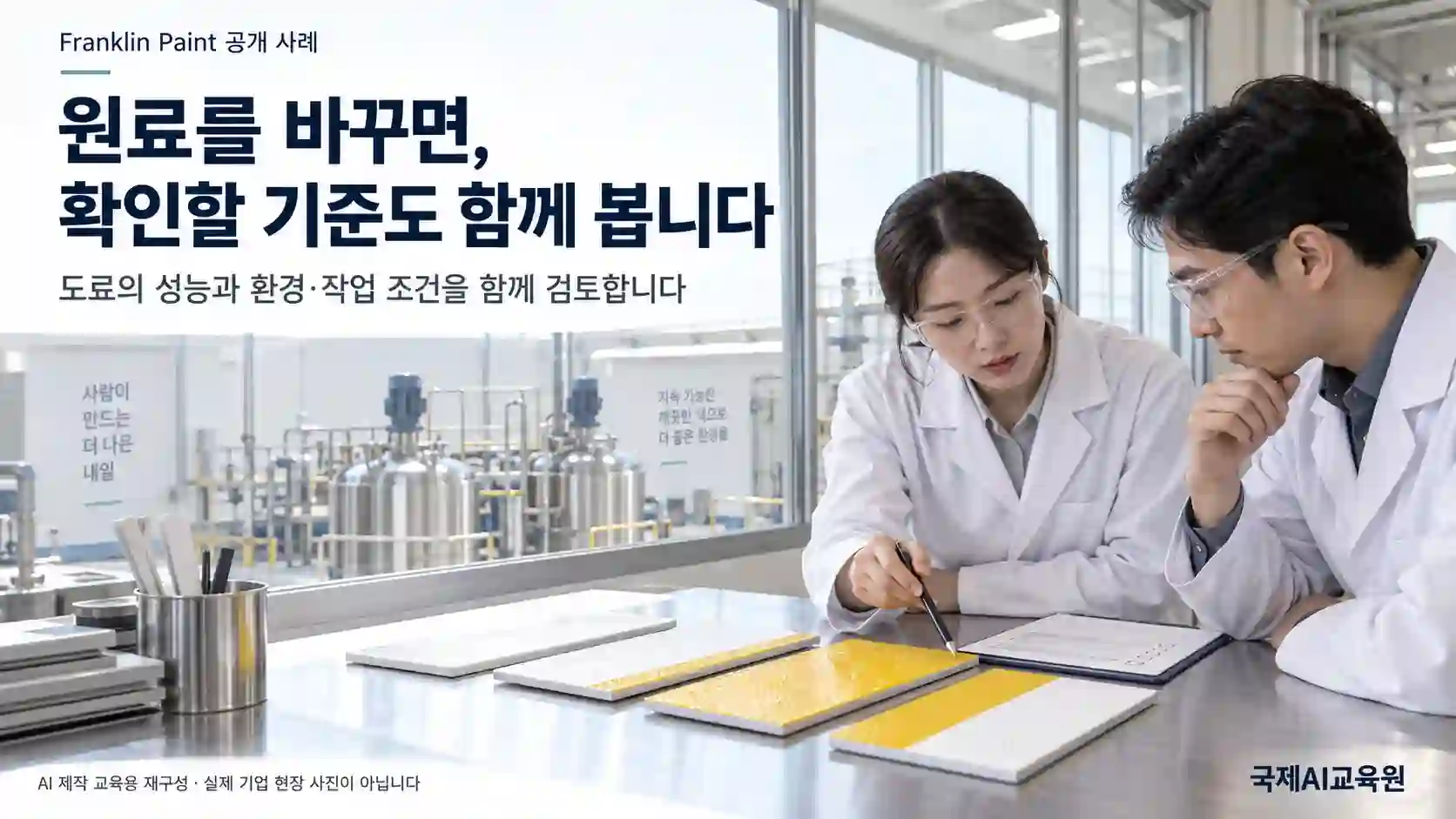 도료 시험편과 배합 자료를 비교하며 원료 변경을 검토하는 전문가들의 교육용 장면