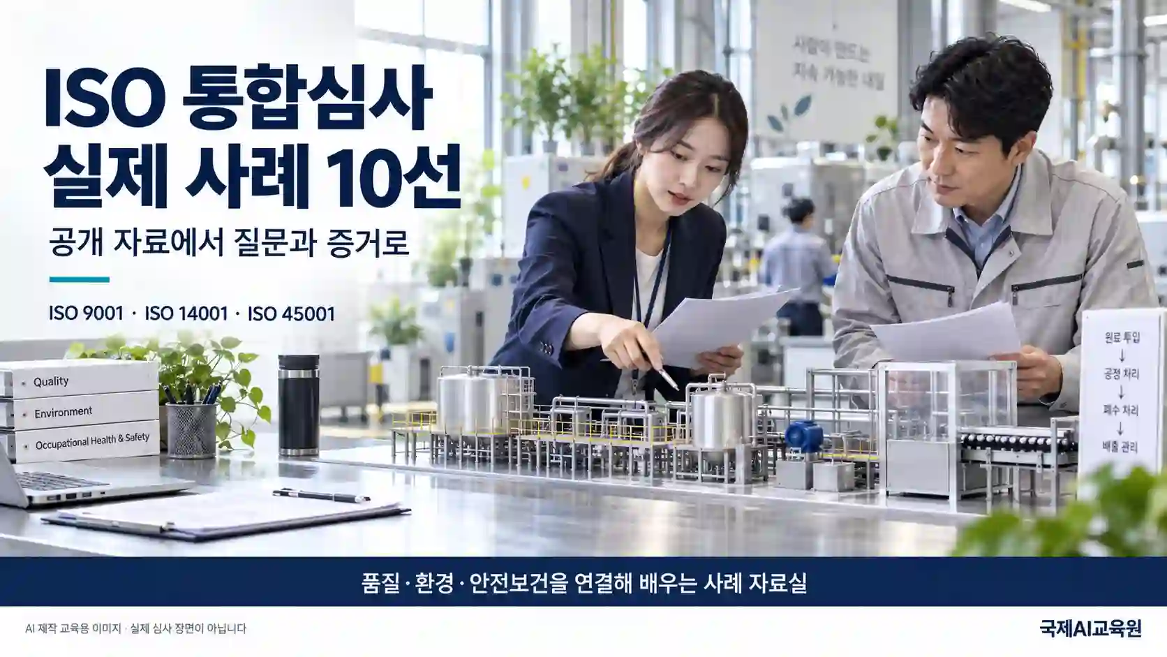 전문가들이 공정 모형과 자료를 비교하며 품질·환경·안전보건의 연결을 검토하는 교육용 장면