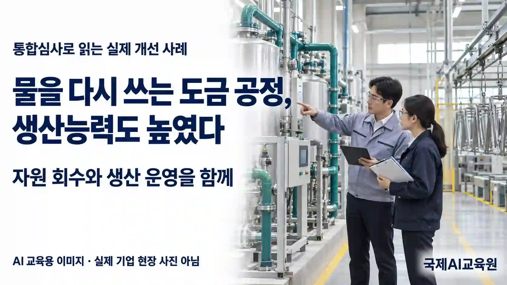 도금 공정의 물 회수 설비와 운영 자료를 검토하는 전문가를 표현한 AI 교육용 이미지