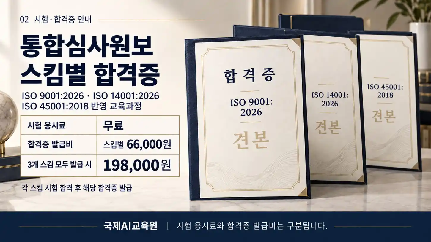 통합심사원보 합격증 견본과 시험 무료·스킴별 발급비 66,000원·3개 총 198,000원 안내