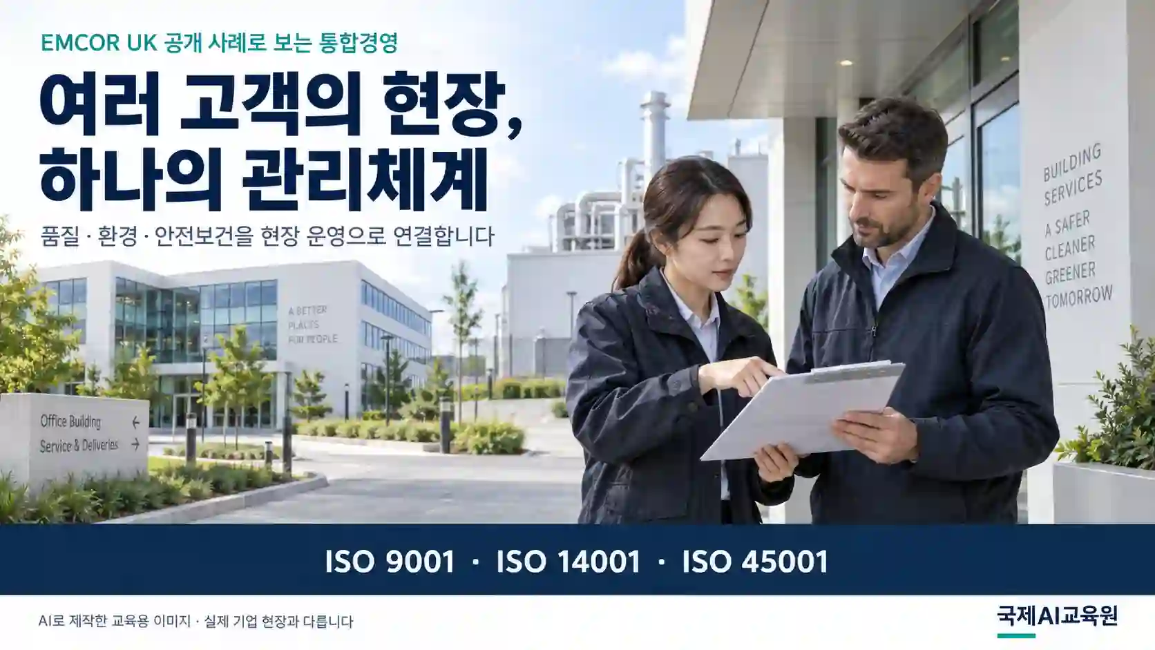 여러 고객 현장의 시설관리 업무와 작업 기준을 검토하는 전문가들의 교육용 장면