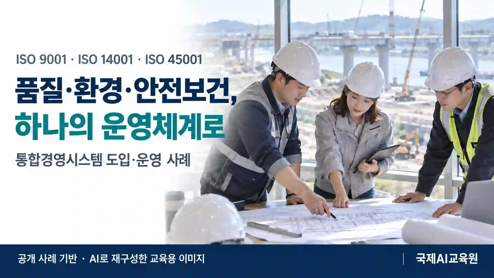 건설 프로젝트 도면을 함께 검토하는 전문가들을 표현한 통합경영시스템 교육용 이미지