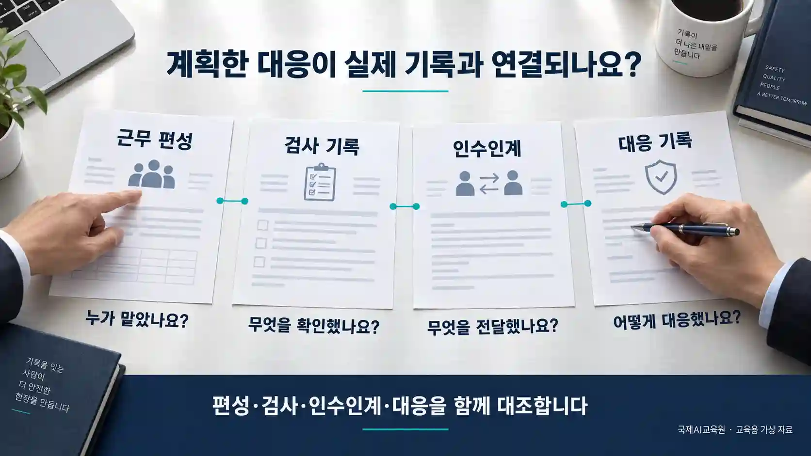 근무 편성, 검사 기록, 인수인계와 대응 기록 네 자료를 나란히 놓고 연결해 검토하는 교육용 장면