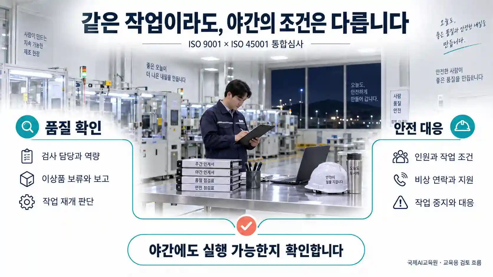 야간 작업장의 품질 확인 항목과 안전 대응 항목을 연결해 실제 실행 가능성을 살펴보는 교육용 도식
