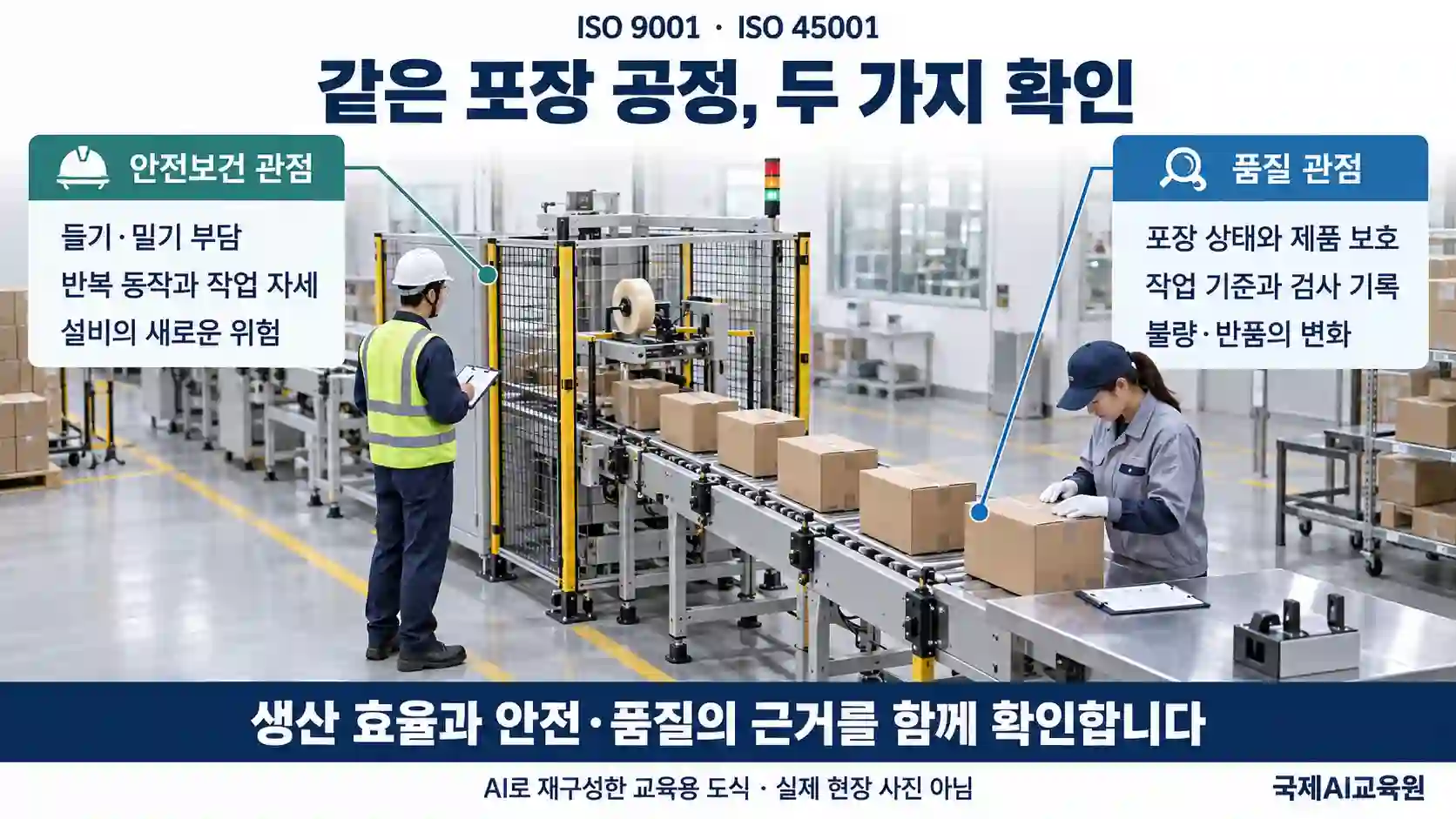 포장 공정에서 작업 자세와 설비 위험, 제품 보호와 검사 기록을 함께 확인하는 교육용 도식