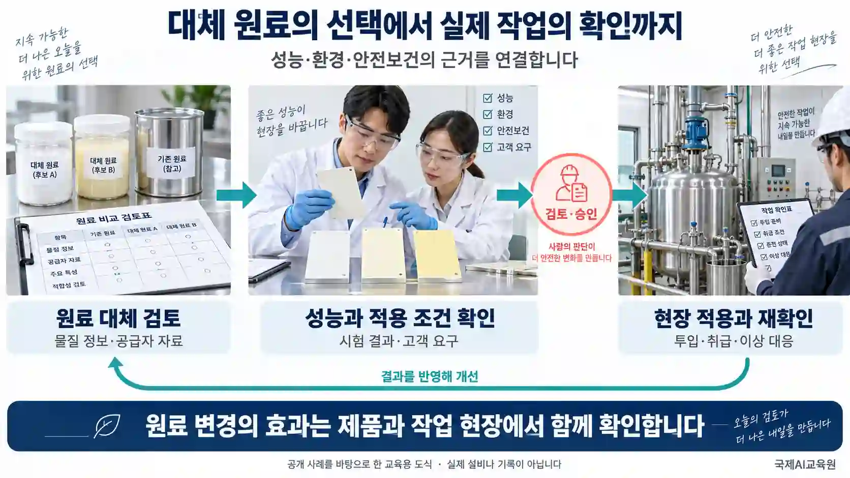 원료 대체 검토에서 성능 확인과 검토·승인을 거쳐 현장 적용과 재확인으로 이어지는 교육용 도식