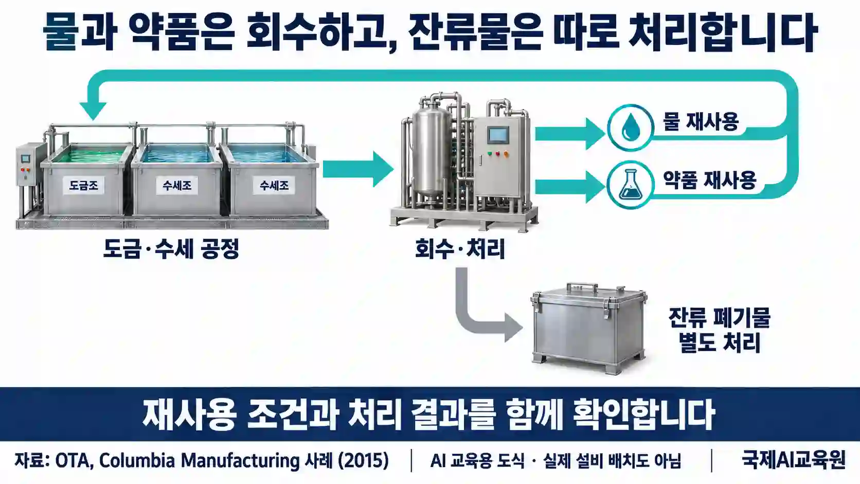 도금 수세 공정에서 물과 약품을 회수해 재사용하고 잔류 폐기물은 별도 처리하는 교육용 흐름도
