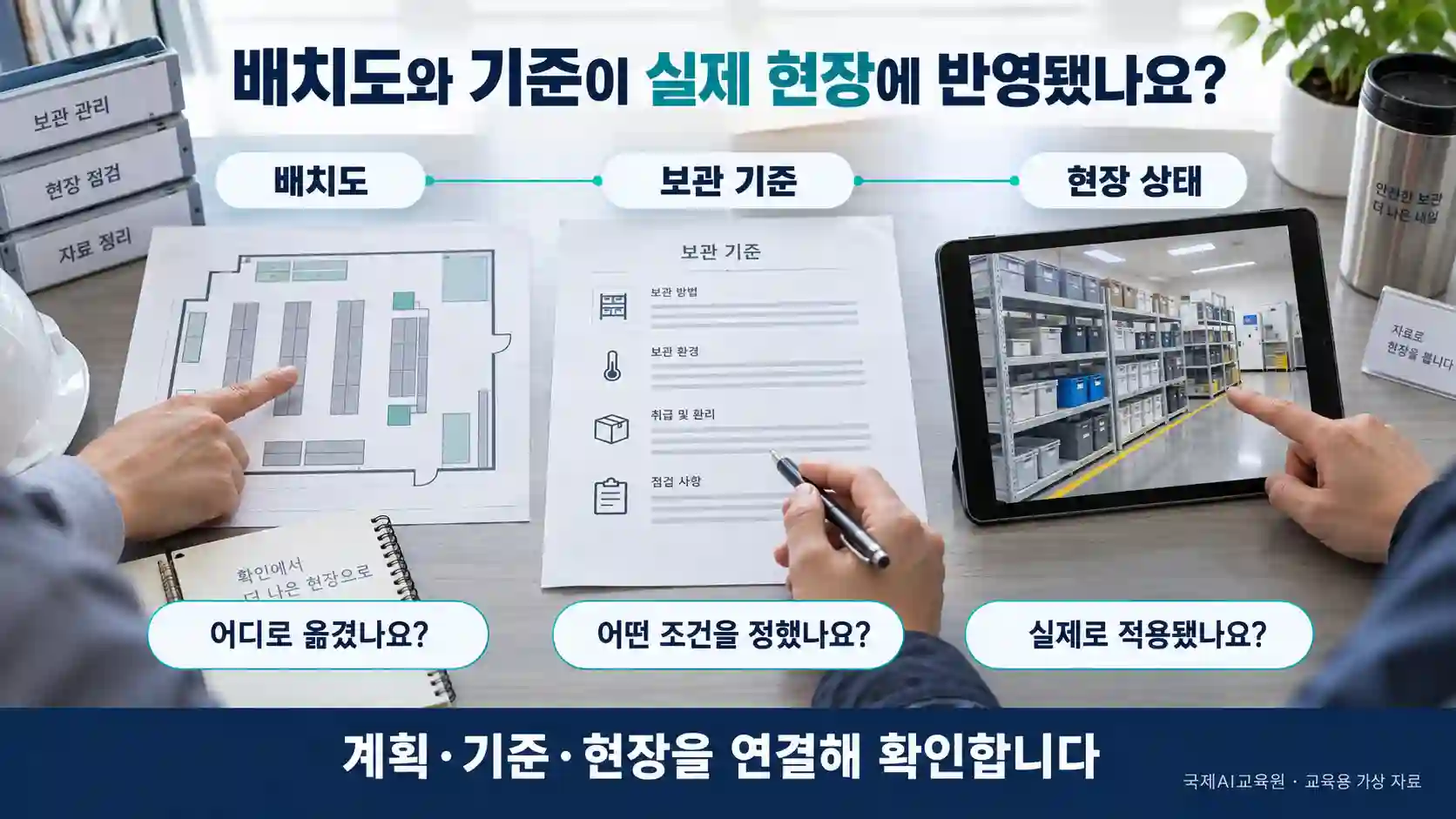 배치도와 보관 기준 문서, 태블릿의 현장 이미지를 연결해 확인하는 교육용 장면