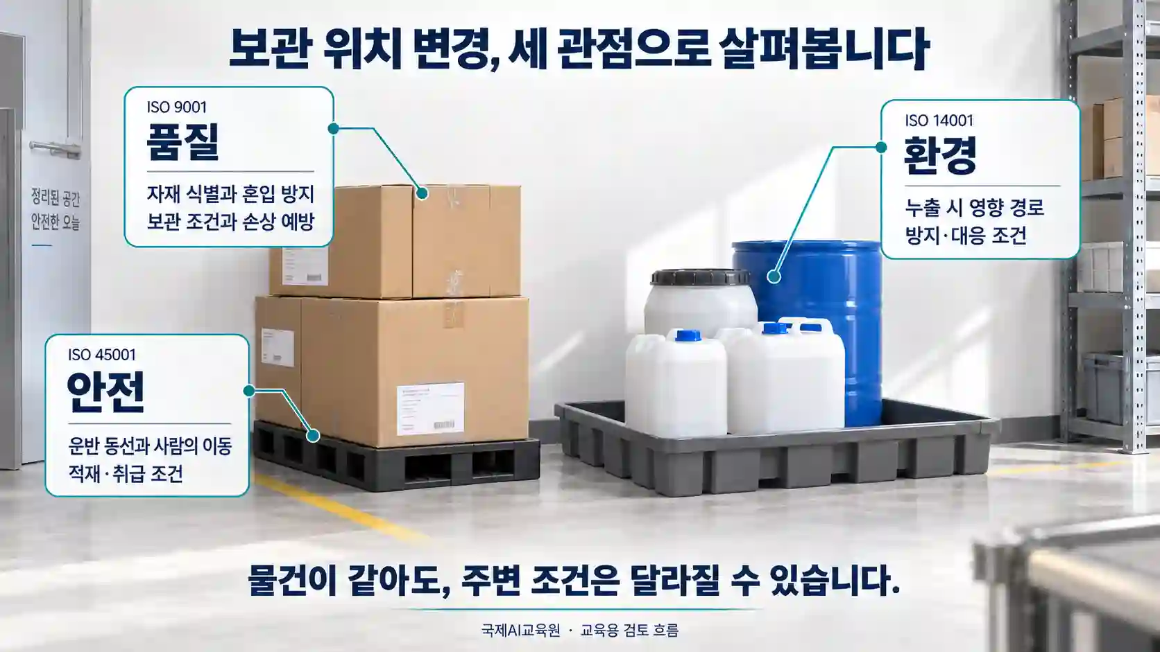 상자 자재와 액상 용기를 중심으로 품질, 환경, 안전의 확인 항목을 연결한 교육용 도식