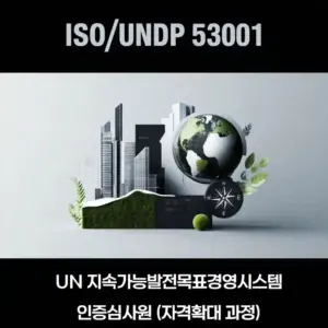 국제AI교육원의 ISO/UNDP 53001 UN 지속가능발전목표경영시스템 인증심사원 양성과정 자격확대 교육 상품 썸네일 이미지. 블랙 배경에 지구본, 빌딩, 나침반 그래픽이 포함됨.