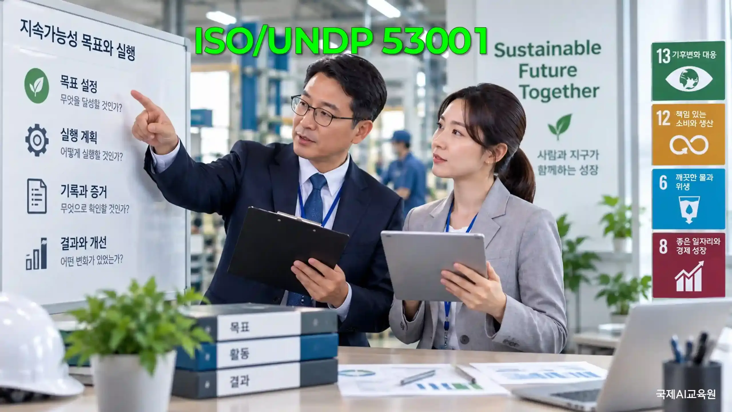 ISO/UNDP 53001 지속가능성 목표와 실행 — 심사원이 목표 설정, 실행 계획, 기록과 증거, 결과와 개선 단계를 화이트보드로 설명하는 장면