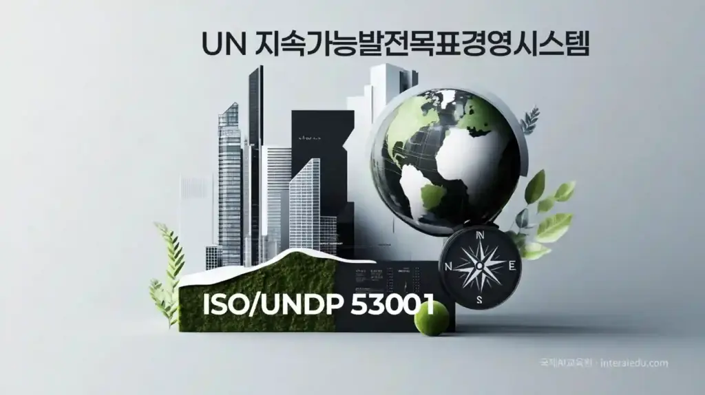 국제표준과 지속가능한 도시 관광, SDGs 경영체계를 상징하는 지구본과 도시 스카이라인 일러스트