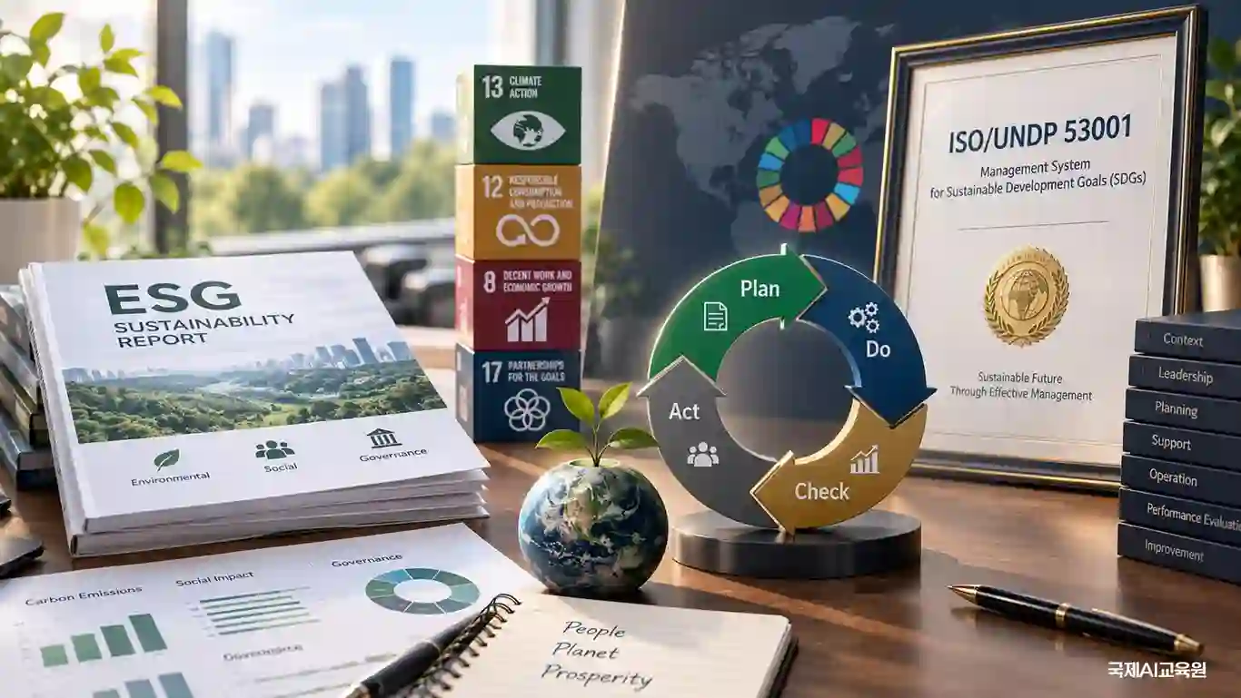 ESG 지속가능경영보고서와 ISO/UNDP 53001 인증서, PDCA 순환 구조를 함께 배치한 이미지