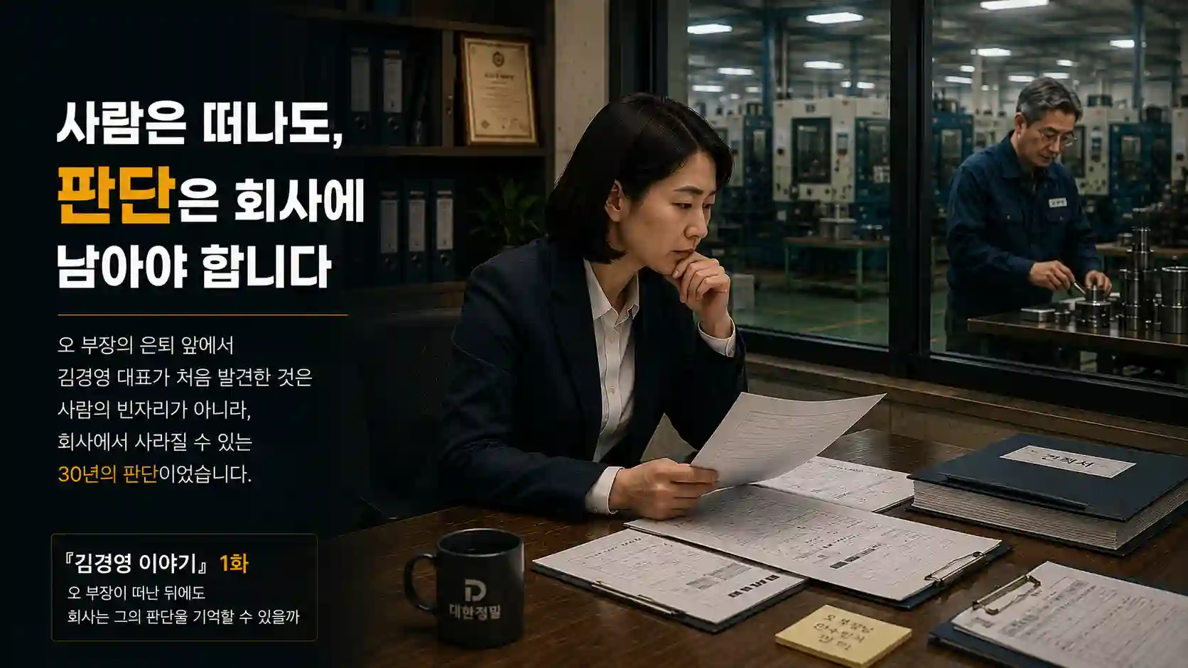 견적서를 든 김경영 대표가 공장에서 일하는 오 부장을 바라보며 그의 30년 경험과 판단을 회사에 남길 방법을 고민하는 장면