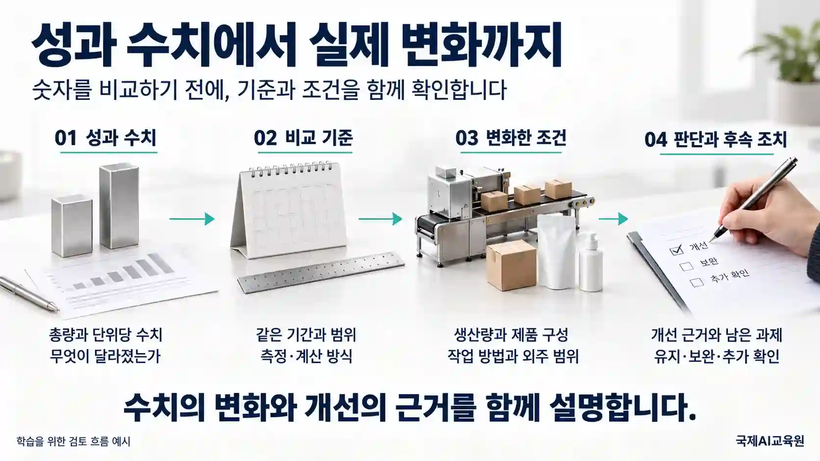 성과 수치, 비교 기준, 변화한 조건, 판단과 후속 조치로 이어지는 네 단계 검토 흐름