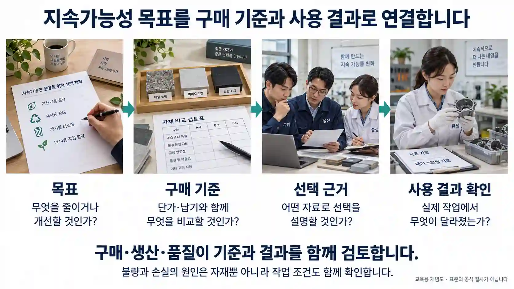 목표, 구매 기준, 선택 근거, 사용 결과 확인을 연결하고 구매·생산·품질 담당자의 공동 검토를 보여주는 개념도