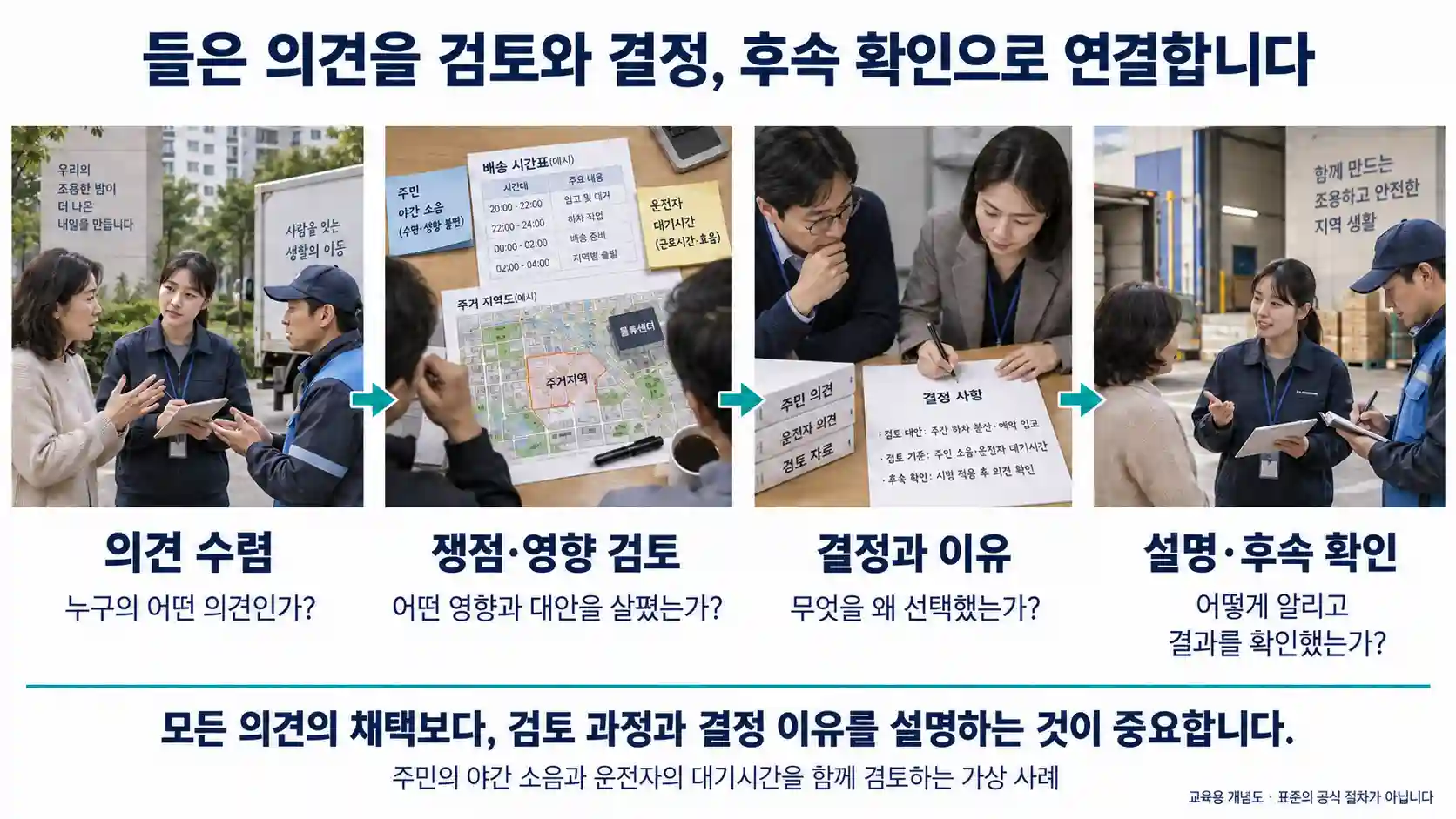 의견 수렴, 쟁점·영향 검토, 결정과 이유, 설명·후속 확인을 네 장면으로 보여주는 교육용 개념도