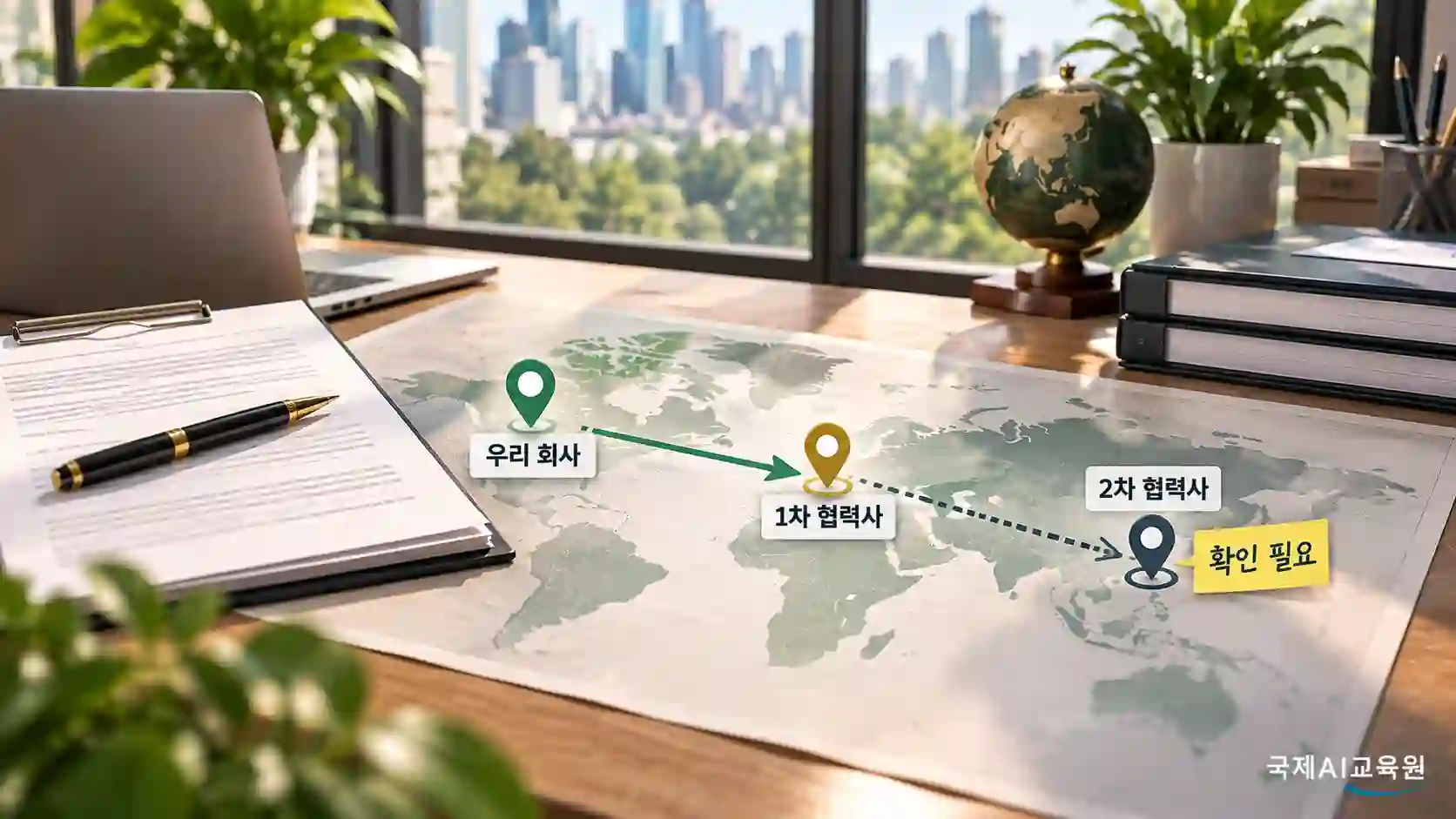 1차·2차 협력사로 이어지는 공급망 지도에 확인 필요 표시가 붙은 장면