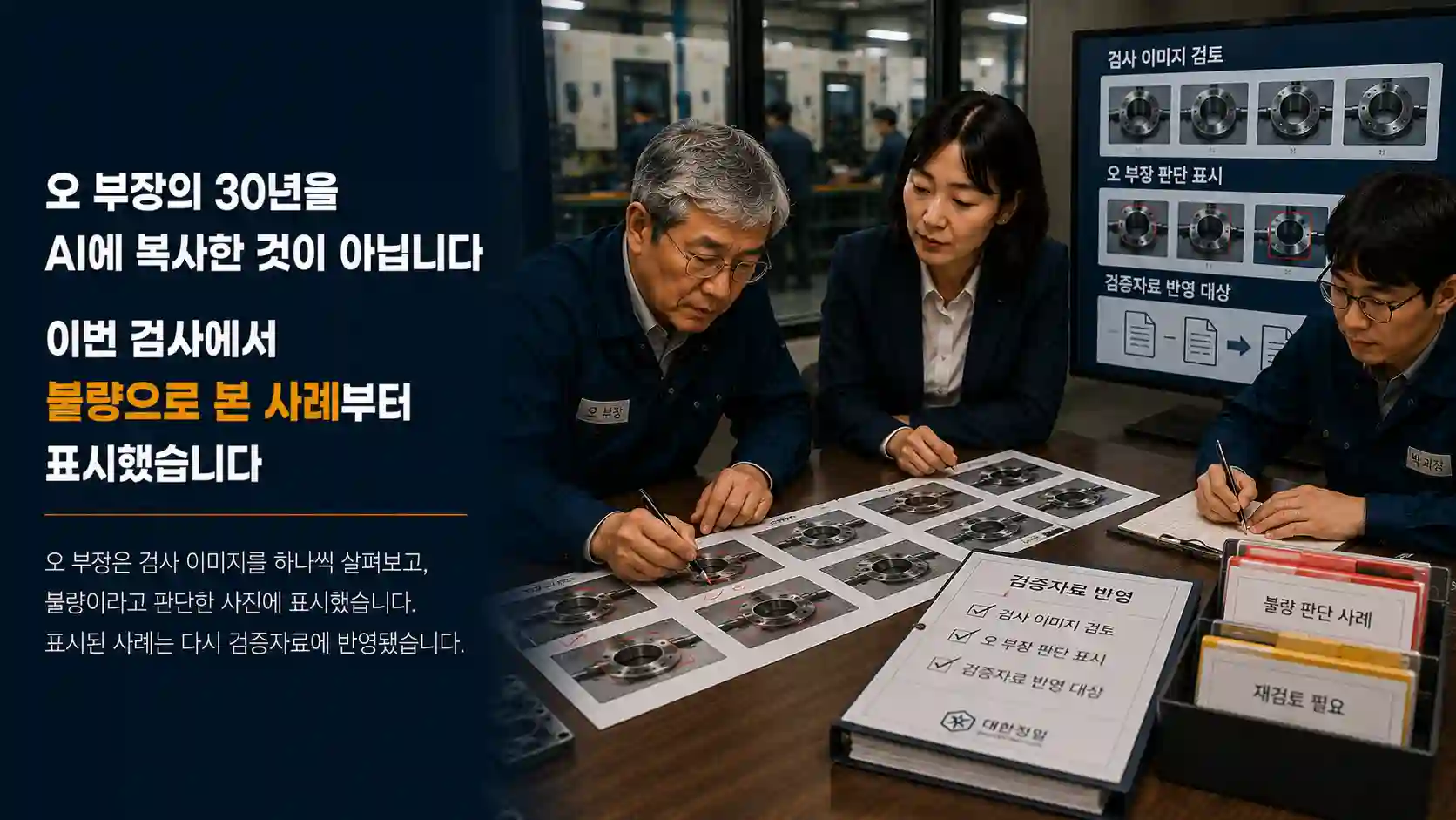 오 부장이 불량이라고 판단한 검사 이미지에 표시하고 김경영 대표와 박 과장이 검증자료 반영 과정을 확인하는 모습