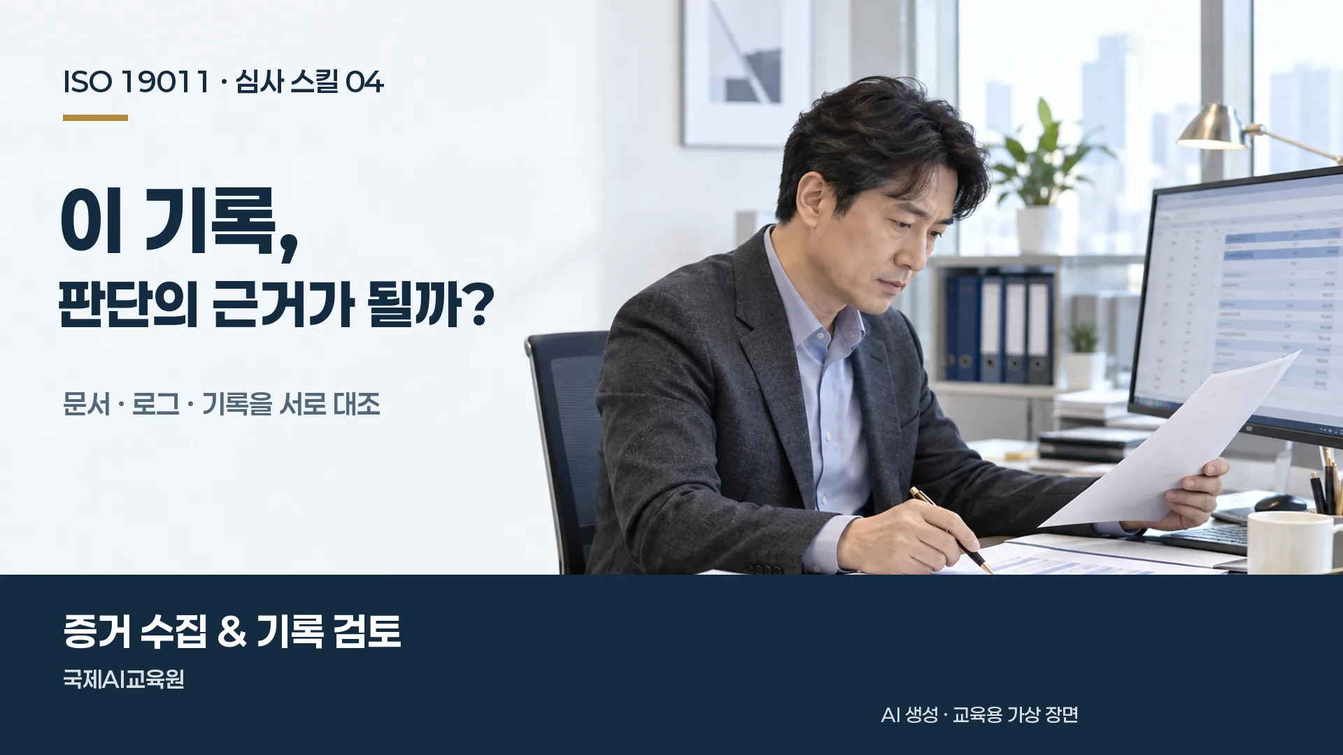 심사원이 종이 문서와 모니터의 기록을 대조하는 교육용 가상 장면