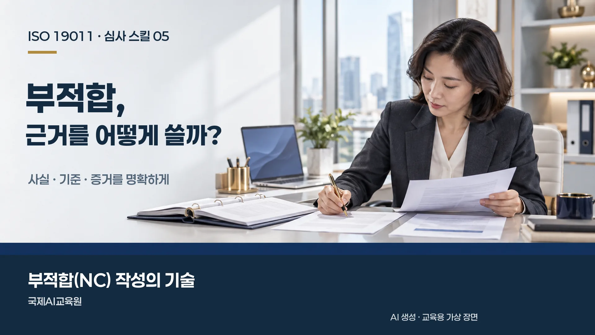 심사원이 참고 자료를 펼쳐 놓고 문서를 대조하며 부적합 보고서를 작성하는 교육용 가상 장면