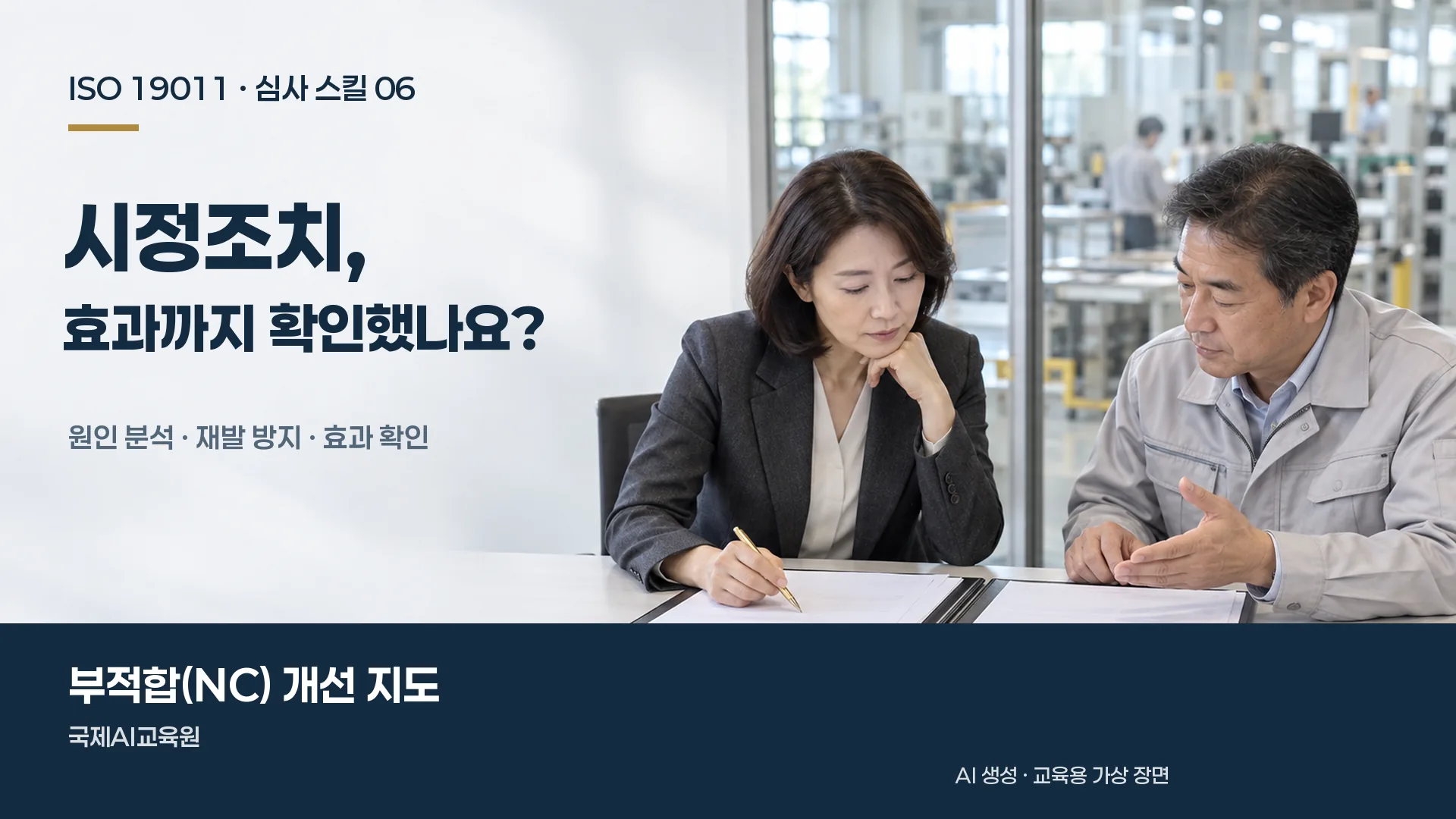 두 전문가가 나란히 펼친 기록을 검토하며 시정조치의 효과를 확인하는 교육용 가상 장면