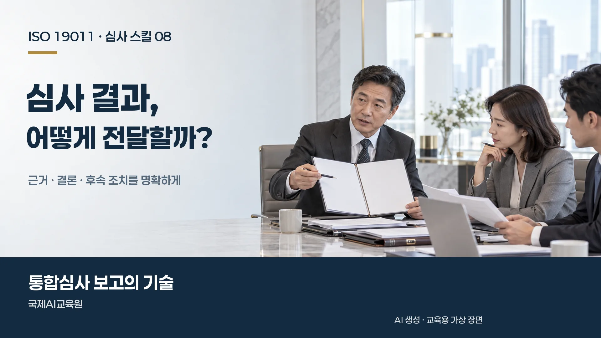 심사원이 펼친 보고서를 보여 주며 참석자들에게 심사 결과를 설명하는 교육용 가상 장면