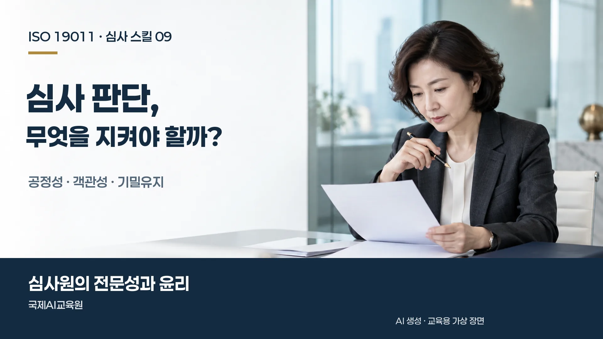 심사원이 문서를 신중하게 검토하는 전문성과 윤리 교육용 가상 장면
